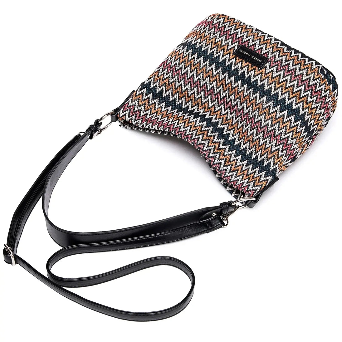 Women's shoulder bag in multicolor zigzag pattern with black strap, stylish and functional for everyday use.
