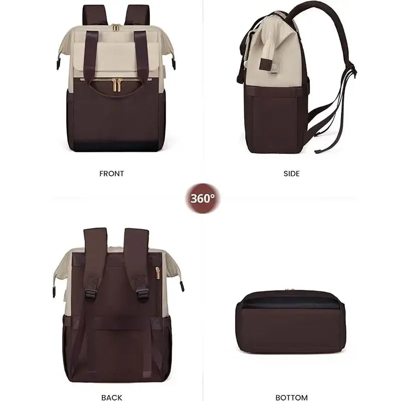 Women's Backpack in 360° view showcasing front, side, back, and bottom features.