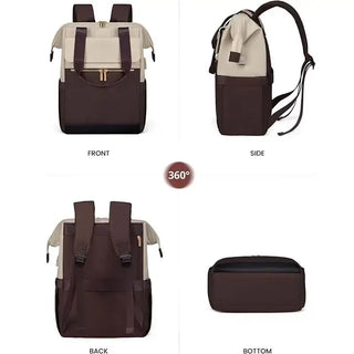 Women's Backpack in 360° view showcasing front, side, back, and bottom features.