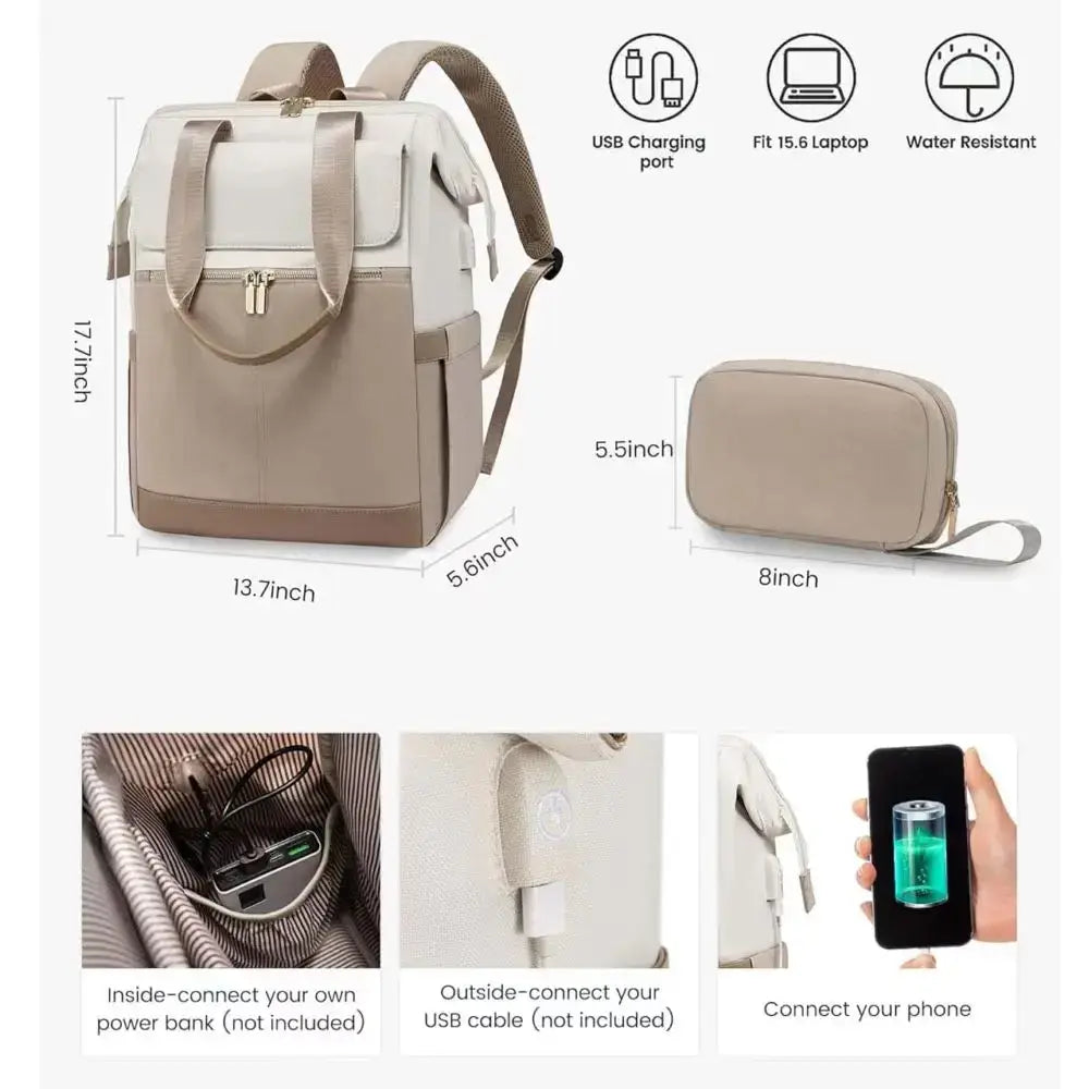Women's Backpack with USB charging port, designed for 15.6 inch laptops, water resistant, and various pockets.