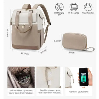 Women's Backpack with USB charging port, designed for 15.6 inch laptops, water resistant, and various pockets.