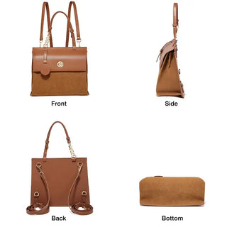 Leather Backpack PVC displayed from front, side, back, and bottom angles for women in vintage style.