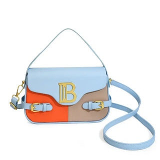 Womens crossbody bag with color-blocking design featuring blue, orange, and beige sections, stylish and modern.