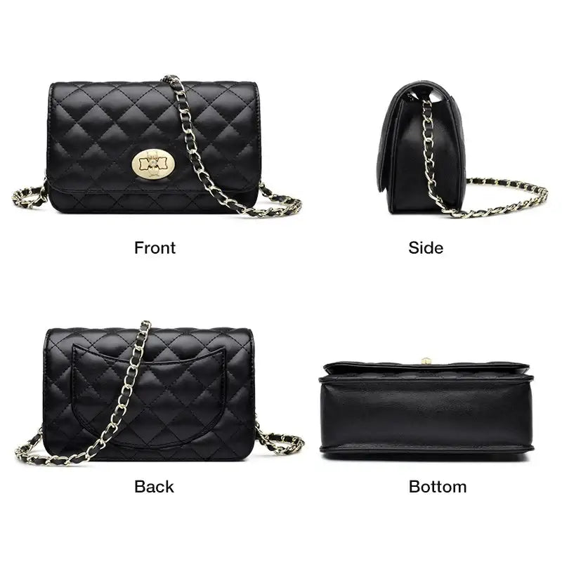 Crossbody Bag with gold chain in black, showcasing front, side, back, and bottom views with a quilted design.