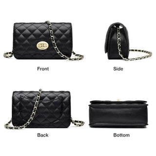 Crossbody Bag with gold chain in black, showcasing front, side, back, and bottom views with a quilted design.
