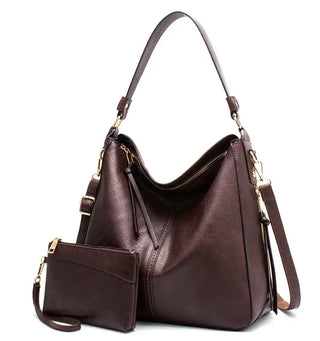 Hobo shoulder bag with matching wallet pouch, made from high-quality PU leather in a stylish dark brown finish.