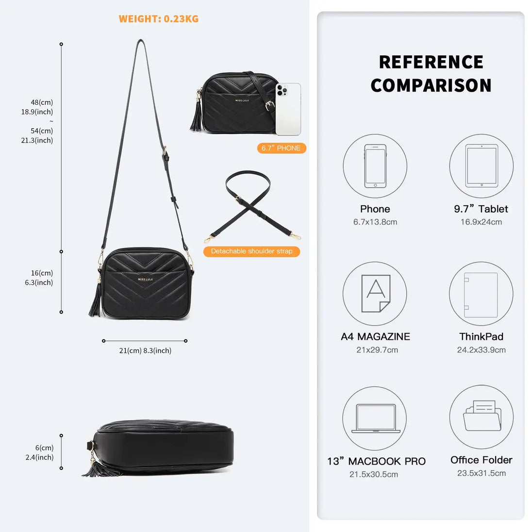 PU Crossbody Bag dimensions and features, including weight and size comparison with devices and accessories.