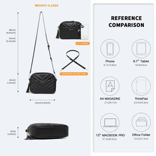 PU Crossbody Bag dimensions and features, including weight and size comparison with devices and accessories.