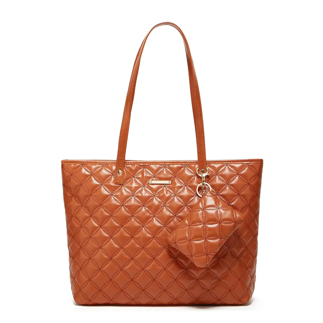 Tote Bag soft and versatile two-piece set in quilted orange synthetic leather for stylish daily use.