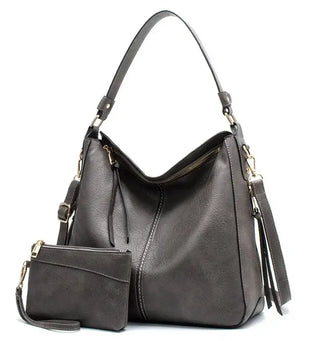 Hobo shoulder bag with matching wallet pouch, made from high-quality PU leather in gray.