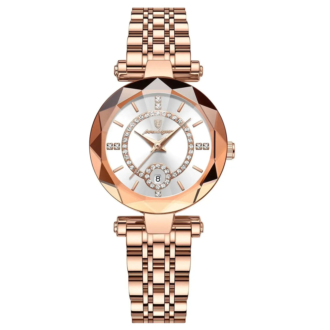 Wristwatch For Woman with Diamond and rose gold band, featuring stainless steel links and elegant design.