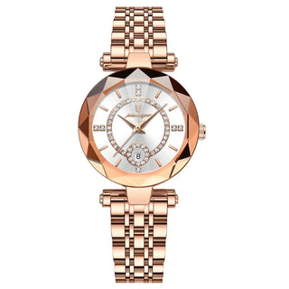Wristwatch For Woman with Diamond and rose gold band, featuring stainless steel links and elegant design.
