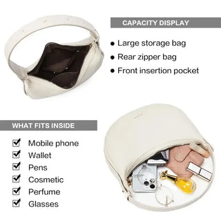 Half Moon Bag capacity display showing large storage, rear zipper, front insertion pocket, and items that fit inside.