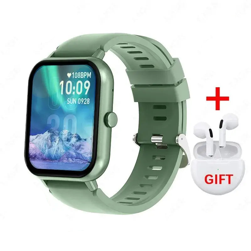 Smartwatches with Bluetooth featuring a sleek green design and a digital display, includes gift wireless earbuds.