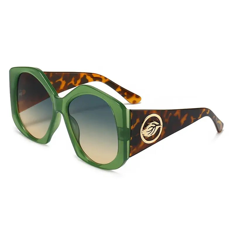 Sunglasses with a unique design and logo featuring green and tortoiseshell frames, perfect for outdoor sports.