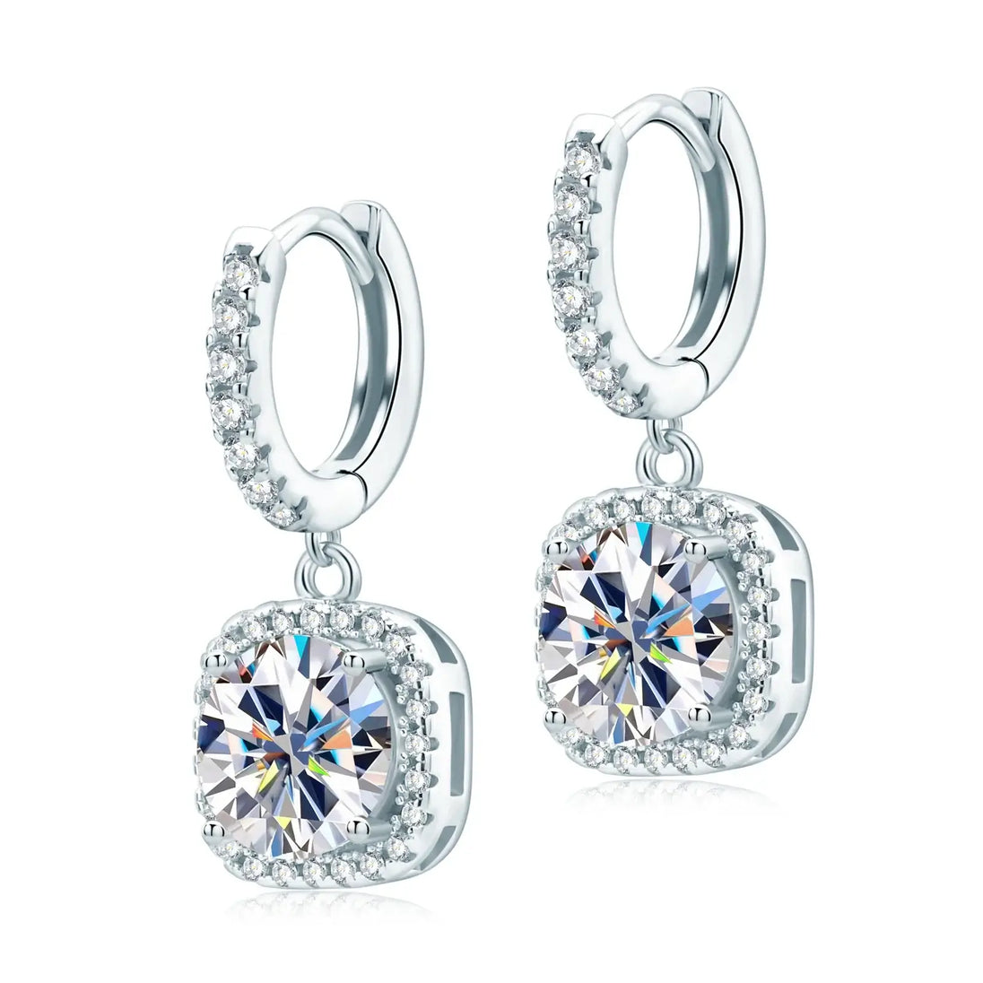Moissanite Drop Earrings 925 Silver featuring sparkling D Color stones in a white gold setting.