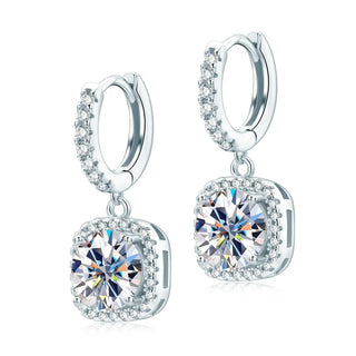 Moissanite Drop Earrings 925 Silver featuring sparkling D Color stones in a white gold setting.