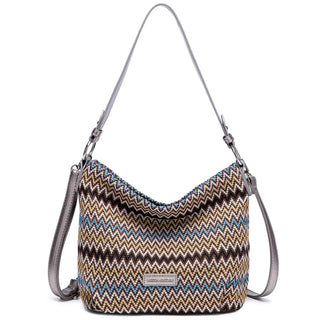 Women's shoulder bag in multicolor zigzag pattern with gray shoulder strap for casual elegance.