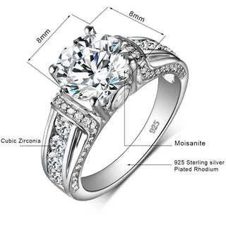 Ring Moissanite Diamond for Women set in gold with blue stones, featuring 8mm cubic zirconia, presented on a detailed graphic.