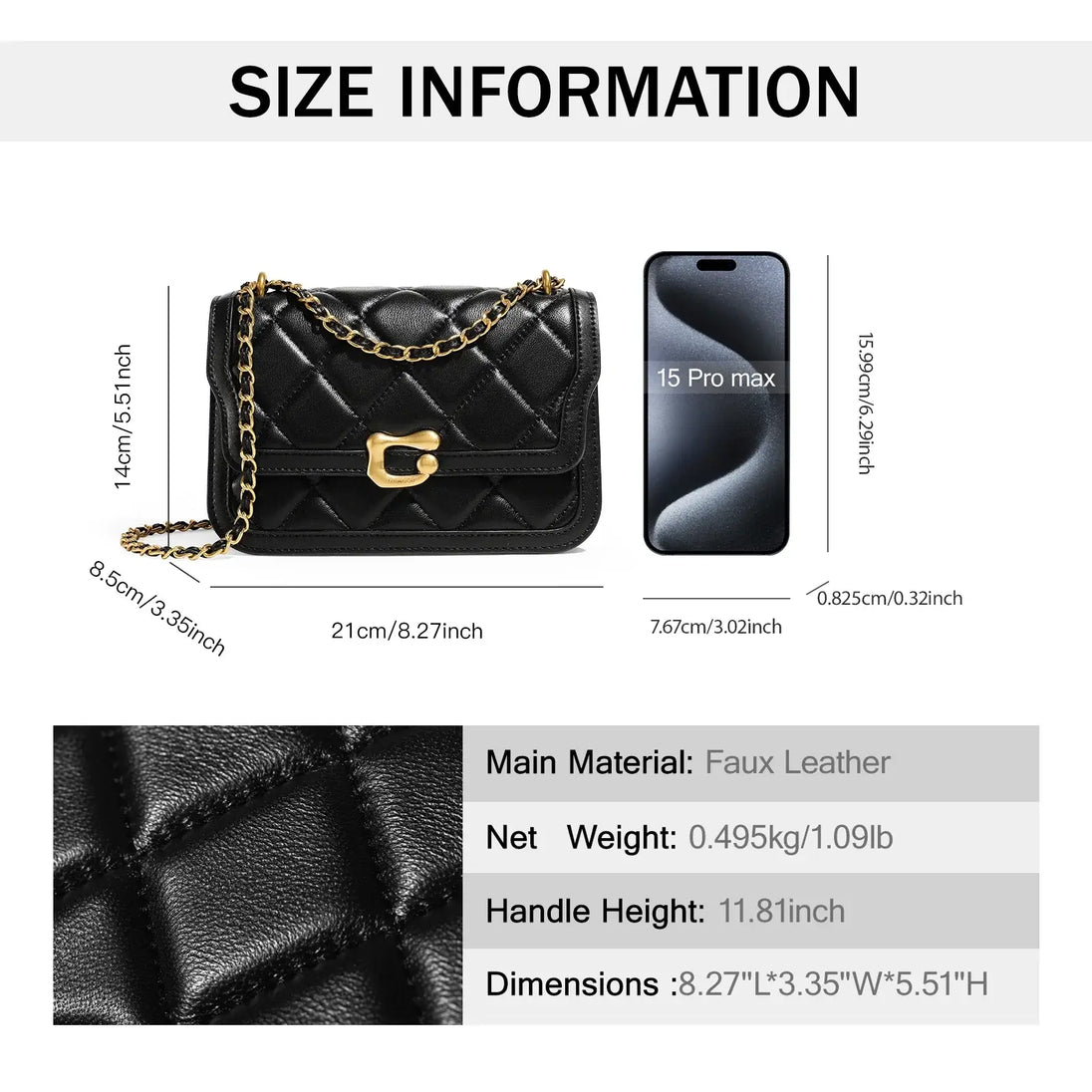 Women Genuine Leather Chain Bag size information with dimensions and faux leather material details.
