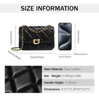 Women Genuine Leather Chain Bag size information with dimensions and faux leather material details.