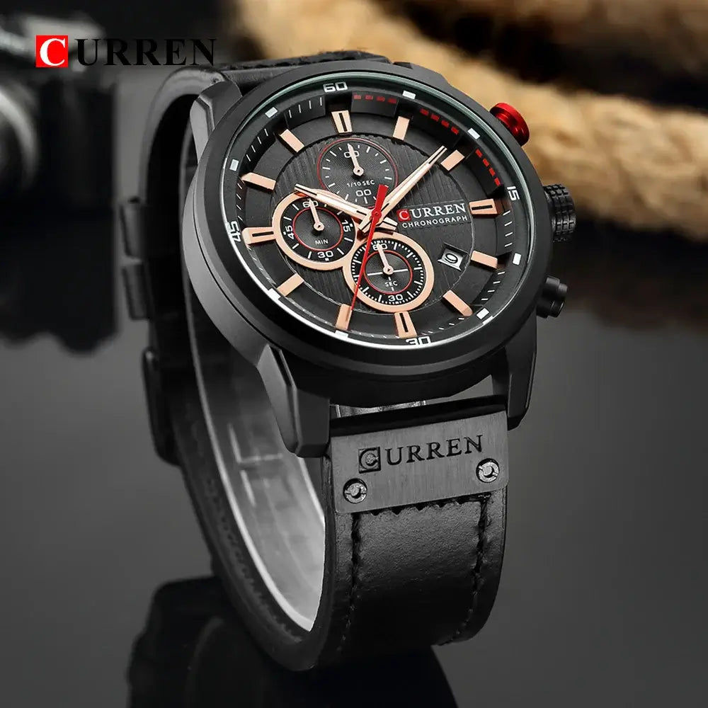 Luxury Chronograph Mens Watch with black leather band and stainless steel details