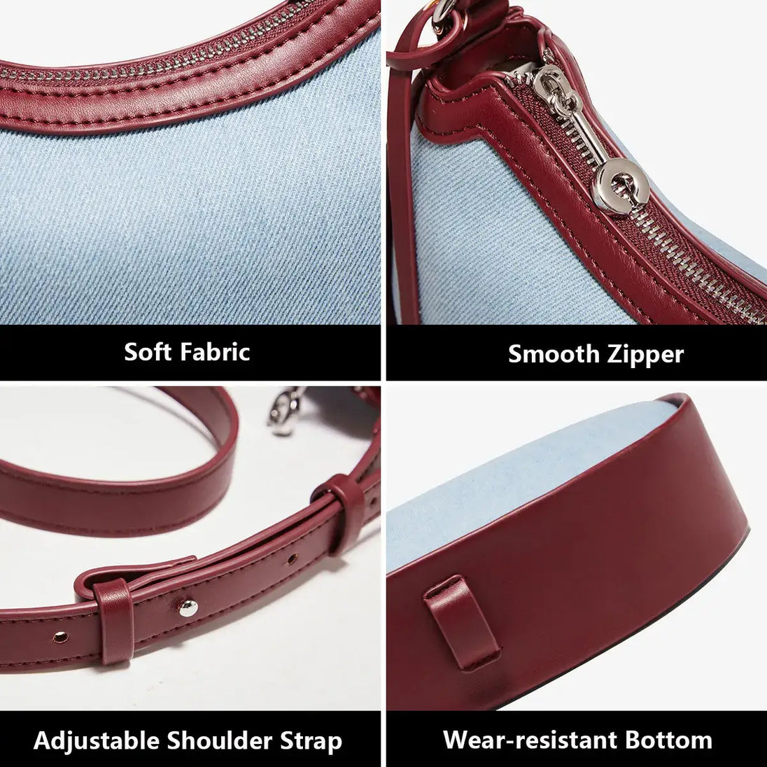 Denim Shoulder Bag with soft fabric, smooth zipper, adjustable shoulder strap, and wear-resistant bottom.