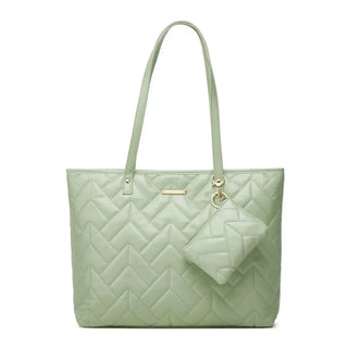 Tote Bag in soft green quilted design with dual handles and attached pouch for versatile daily use.