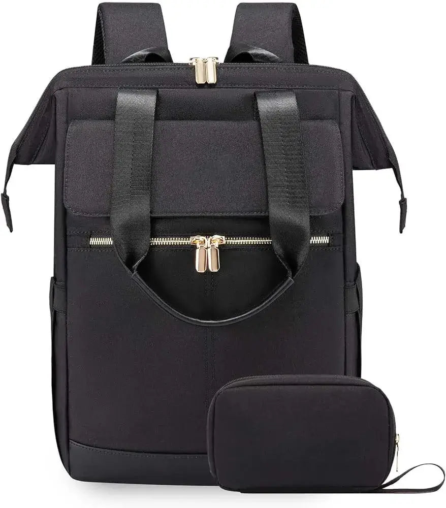 Women's Backpack in black with soft straps, dual zipper closure, and included pouch.