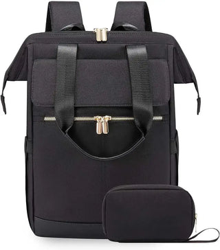 Women's Backpack in black with soft straps, dual zipper closure, and included pouch.