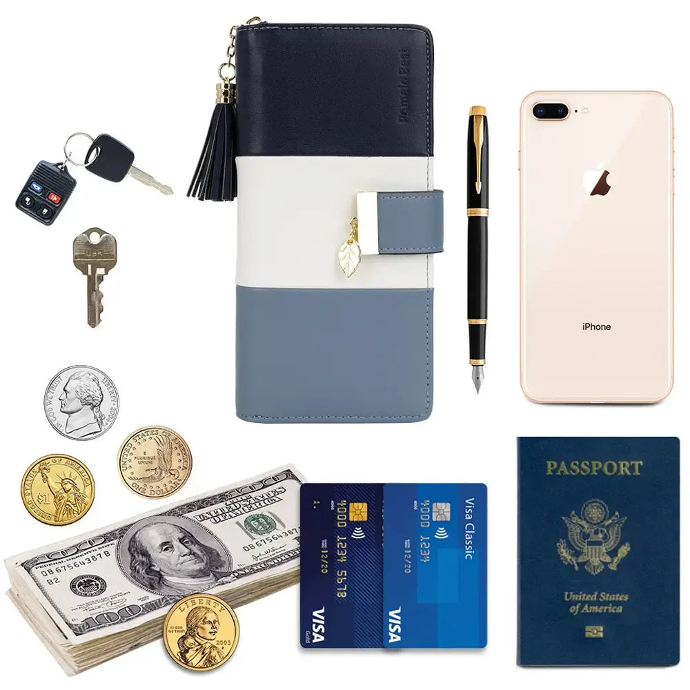 Womens Wallet RFID Blocking Genuine Leather with cash, credit cards, keys, and phone on a table.