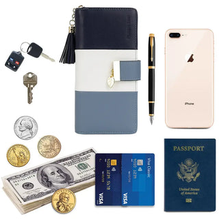 Womens Wallet RFID Blocking Genuine Leather with cash, credit cards, keys, and phone on a table.