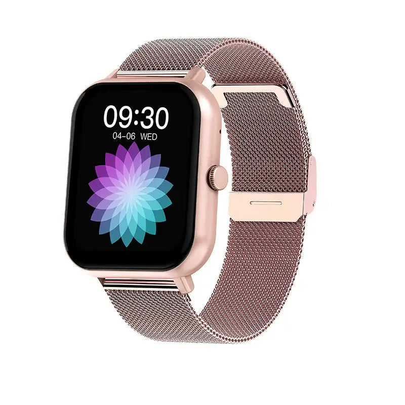 Smartwatches with Bluetooth featuring a sleek design and stylish metal band, displaying colorful interface.