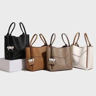 Genuine Leather Tote Bag with zipper pocket available in black, brown, beige, and white colors.