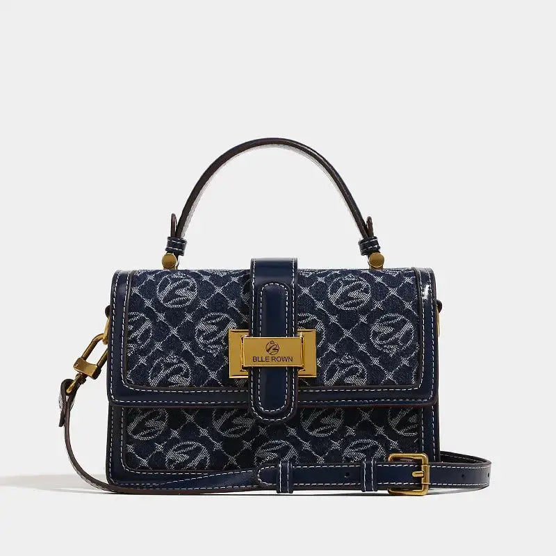Shoulder Crossbody Bag navy blue with gold detail, featuring a hasp closure and flap pocket.