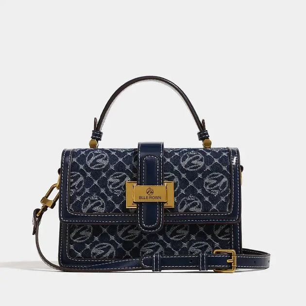 Shoulder Crossbody Bag navy blue with gold detail, featuring a hasp closure and flap pocket.