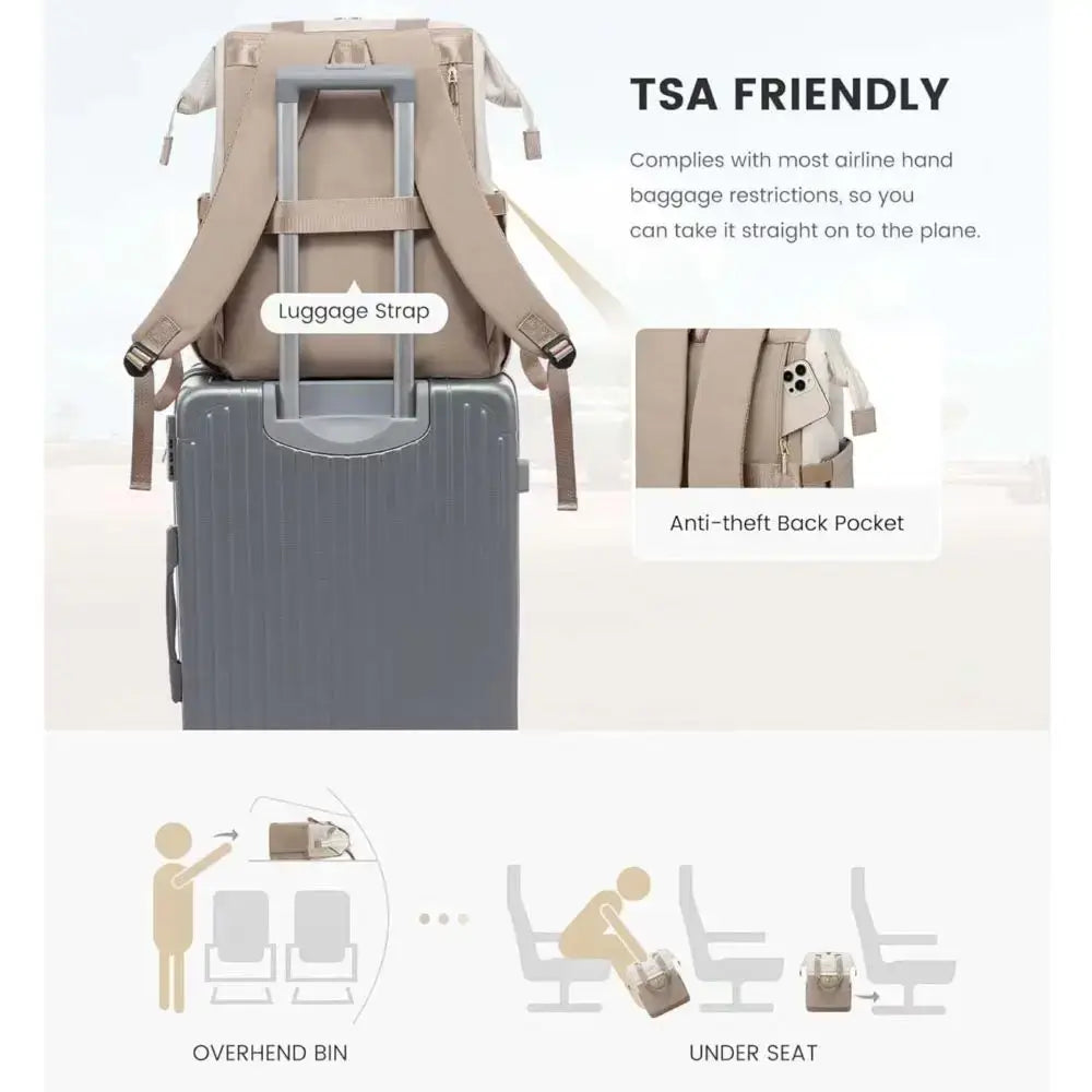 TSA friendly women's backpack featuring luggage strap and anti-theft back pocket for convenient travel.