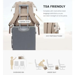 TSA friendly women's backpack featuring luggage strap and anti-theft back pocket for convenient travel.
