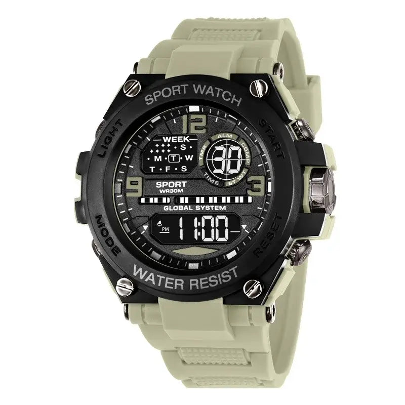 Mens Digital Sport Watch – Waterproof Electronic Stopwatch with black and gray display on a light green silicone band.
