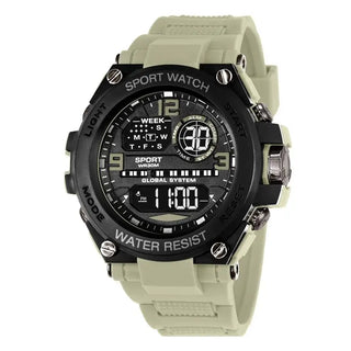 Mens Digital Sport Watch – Waterproof Electronic Stopwatch with black and gray display on a light green silicone band.