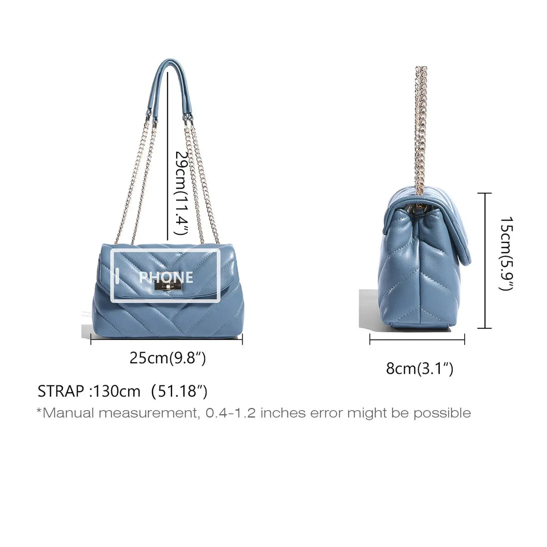 Dimensions of a blue crossbody bag with chain strap, measures 25cm x 29cm x 15cm, stylish and practical for women.