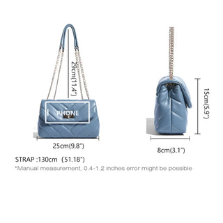 Dimensions of a blue crossbody bag with chain strap, measures 25cm x 29cm x 15cm, stylish and practical for women.