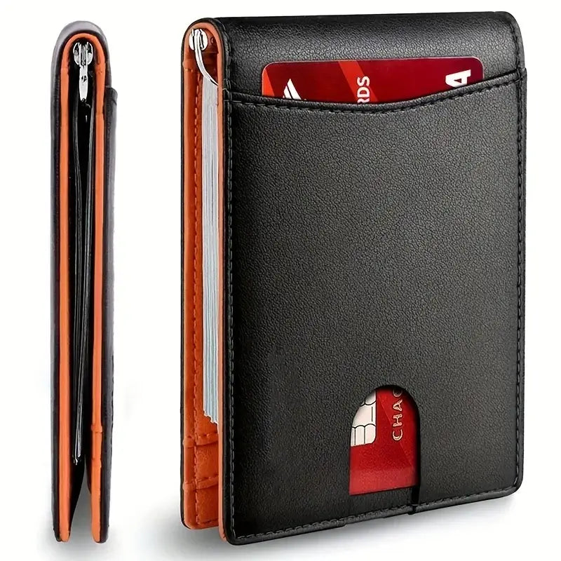 Men Wallet PU Credit Card Clip Mini RFID Blocking shown in black with card slots and compact design.