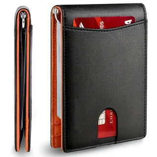 Men Wallet PU Credit Card Clip Mini RFID Blocking shown in black with card slots and compact design.