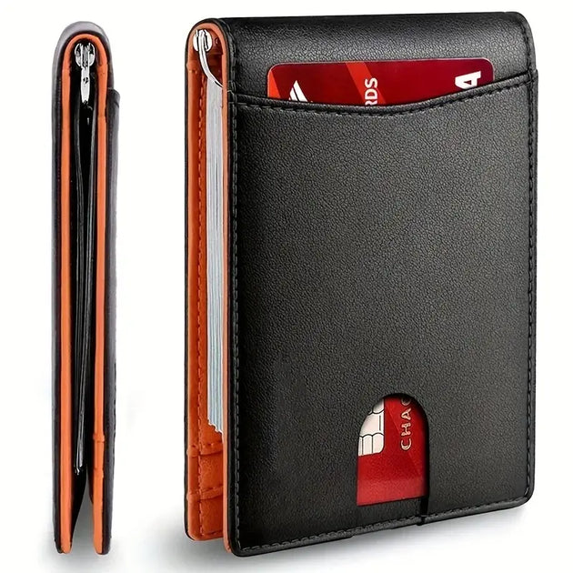 Men Wallet PU Credit Card Clip Mini RFID Blocking shown in black with card slots and compact design.
