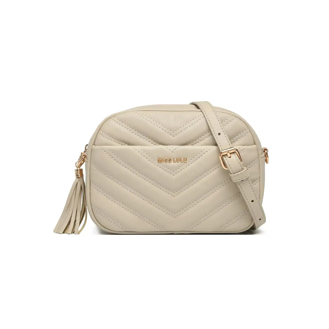 Stylish PU Crossbody Bag in beige with quilted detail and tassel, perfect for casual outings.