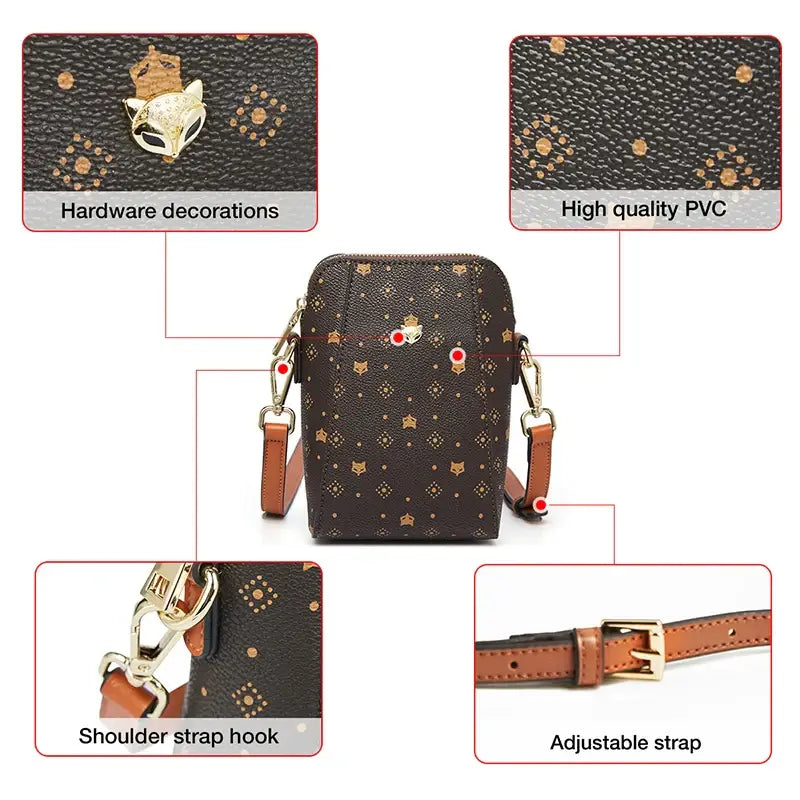 Women's Cellphone Bag showcasing hardware decorations, adjustable strap, and high-quality PVC material.