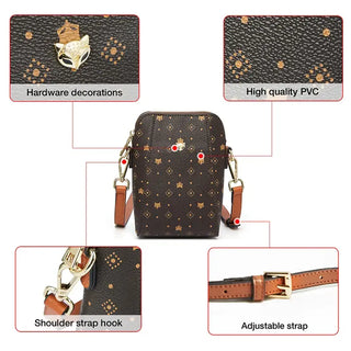 Women's Cellphone Bag showcasing hardware decorations, adjustable strap, and high-quality PVC material.