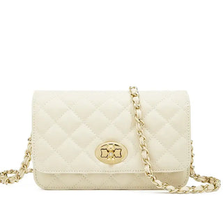 Crossbody Bag with gold chain in cream color featuring a quilted design and gold chain strap.