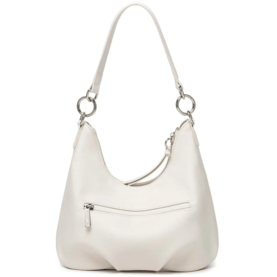 Luxury white crossbody bag for women, casual satchel with wide straps and zipper closure.